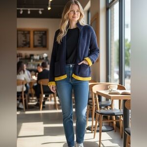 moda international Purple knit cardigan with yellow accents Size L high collar